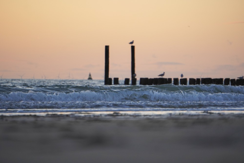 Een golvende zee en het strand met zonsondergang bij Zoutelande. Een plaats die je kan bezoeken tijdens een vakantie in Zeeland.